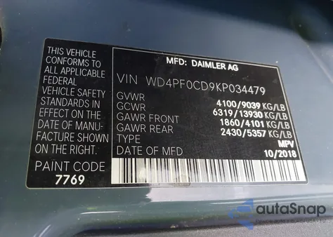 2019 Mercedes-Benz Sprinter 2500 Standard Roof V6 из США, поврежденный, VIN WD4PF0CD9KP034479